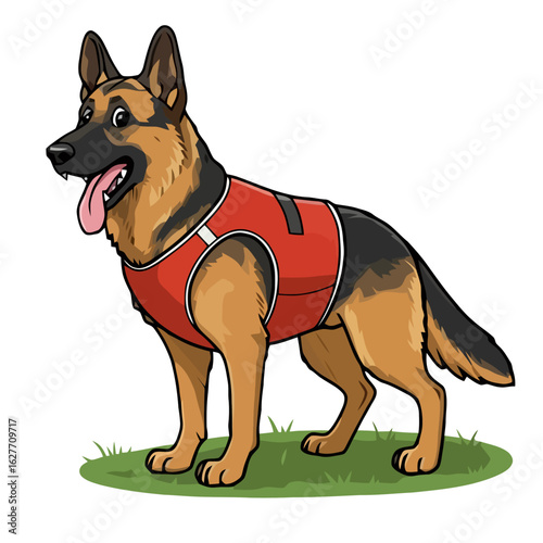 Isolated, transparent background. Cartoon German Shepherd dog wearing red harness on grass  