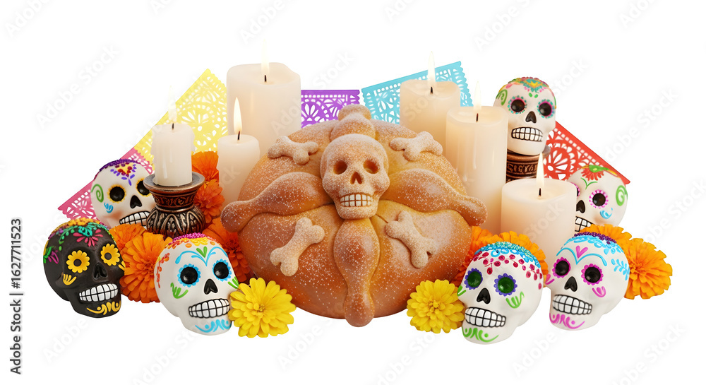 Obraz premium Dia de los Muertos offering altar items (pan de muerto, candles), isolated on white background