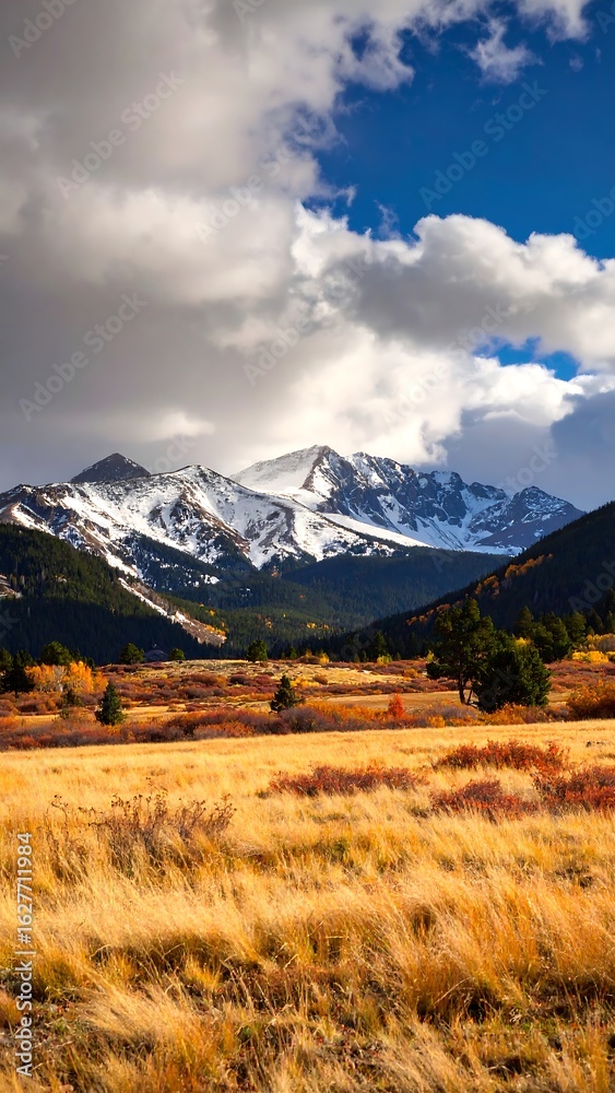 Fototapeta premium Autumnal mountain vista with snow-capped peaks (1)