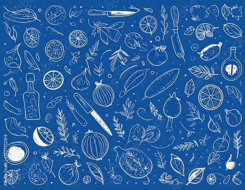 A vibrant, graphic illustration of various fresh foods and herbs
