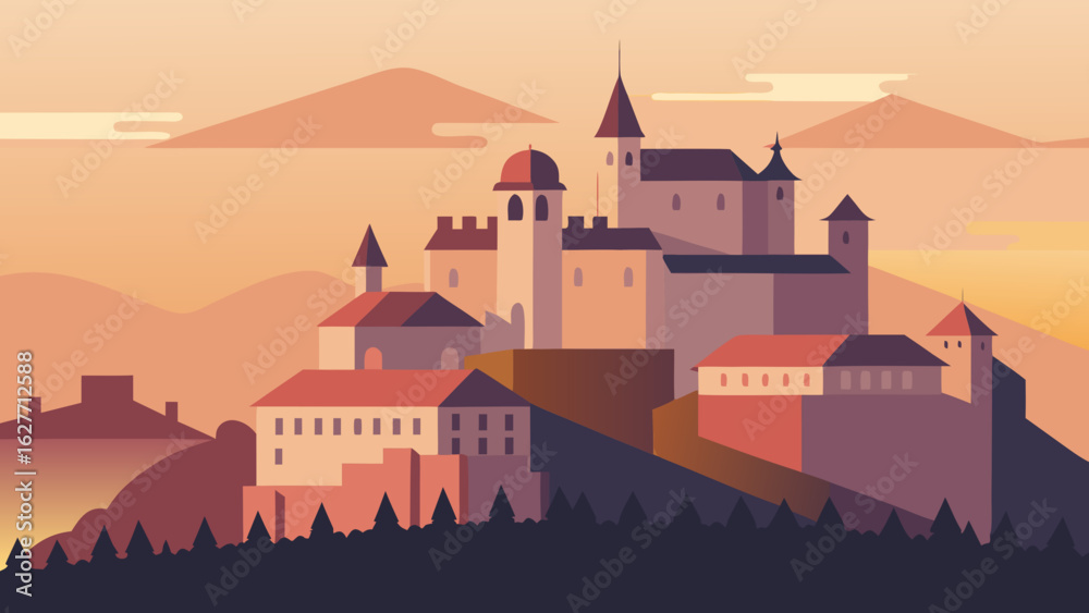 Naklejka premium Flat illustration of Trencin Castle in Slovakia at sunset with warm tones and mountain silhouettes in the background