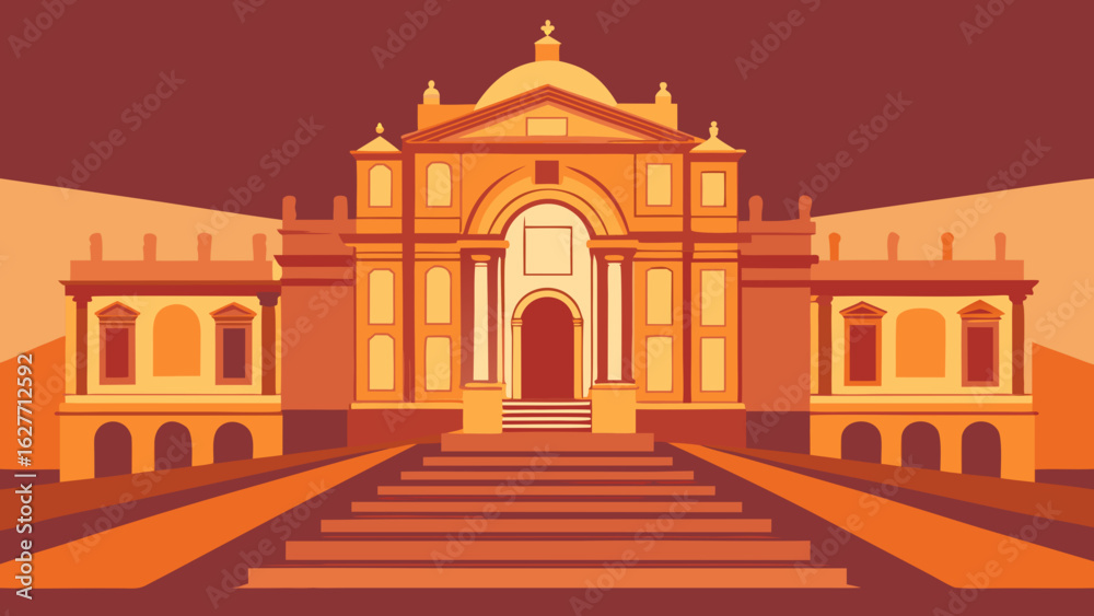Fototapeta premium Flat illustration of a grand classical building with steps and arches in warm orange tones, evoking historical architecture