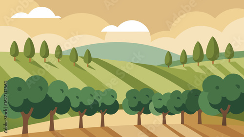 Orchard landscape with rows of fruit trees, rolling hills, and soft clouds in a flat cartoon style
