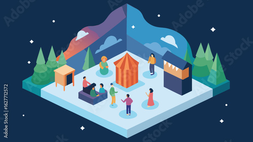 Isometric illustration of people enjoying an outdoor winter festival with tents, decorations and snowy mountain background