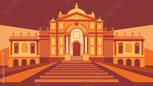 Flat illustration of a grand classical building with steps and arches in warm orange tones, evoking historical architecture