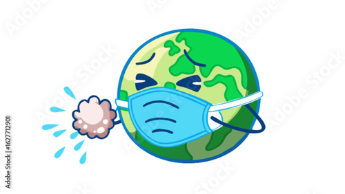 Sick earth wearing face mask coughing global health crisis pandemic flu virus protection and prevention concept