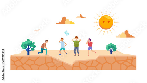 Heatwave dehydration illustration showing people suffering in hot weather with sun and dry landscape vector