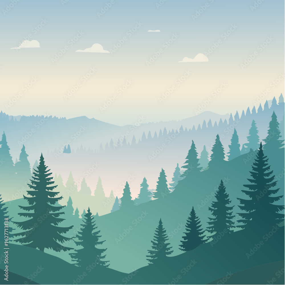 Fototapeta premium Misty landscape vector illustration with fir forest