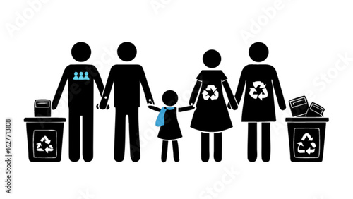 Family recycling together stick figures promoting environmental awareness and sustainability for future generations