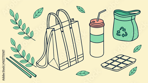 Eco friendly lifestyle with reusable bag cup and container for sustainable living and zero waste movement
