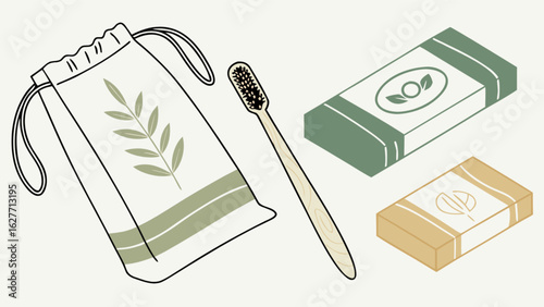 Eco friendly travel kit with bamboo toothbrush and organic soap for sustainable lifestyle and zero waste products