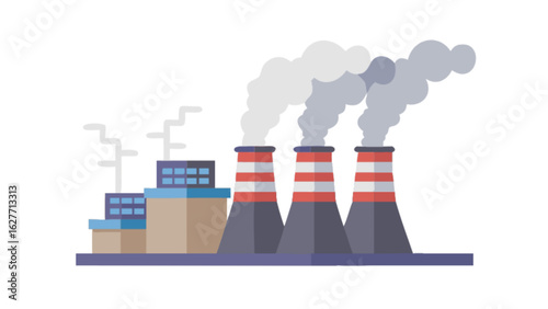 Industrial factory pollution vector illustration showing smoke stacks and environmental impact concept art design