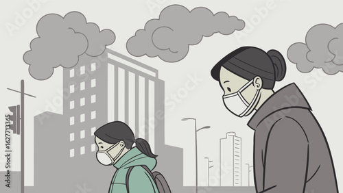 Air pollution concept with masked people in city for health and safety awareness illustration art