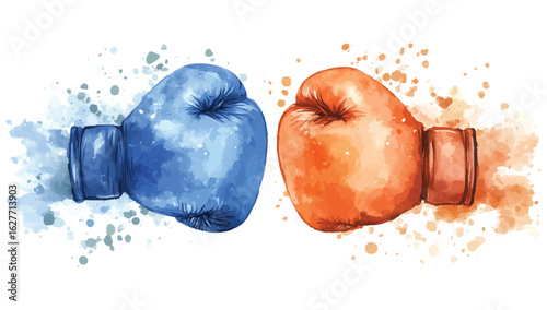 Watercolor Boxing Gloves Vector Illustration with Splatter Effect in Blue and Orange