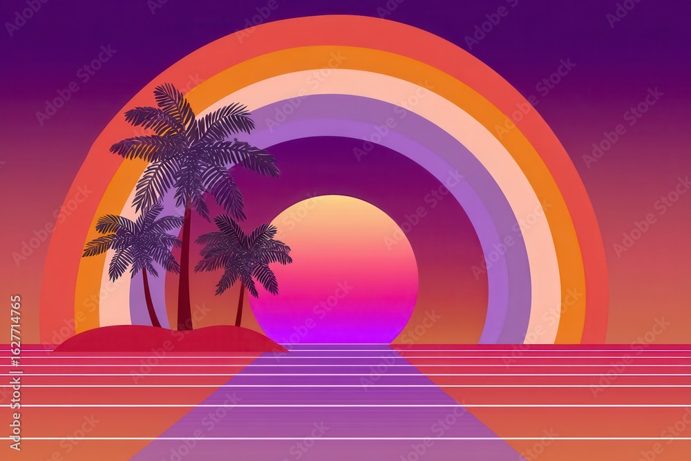 Naklejka premium Retro island sunset with rainbow