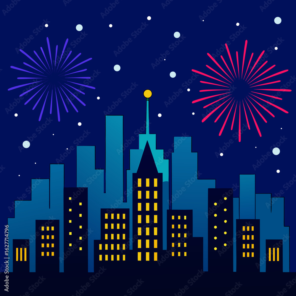 Fototapeta premium Cityscape at night with fireworks display