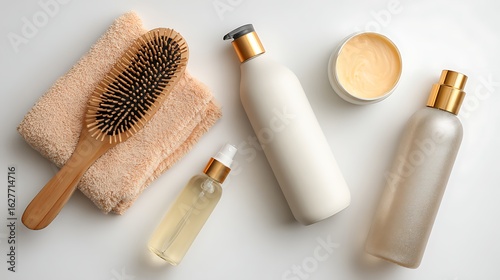 Hair care products including a wooden hairbrush, towel, shampoo, conditioner, serum, and lotion, arranged on a white background