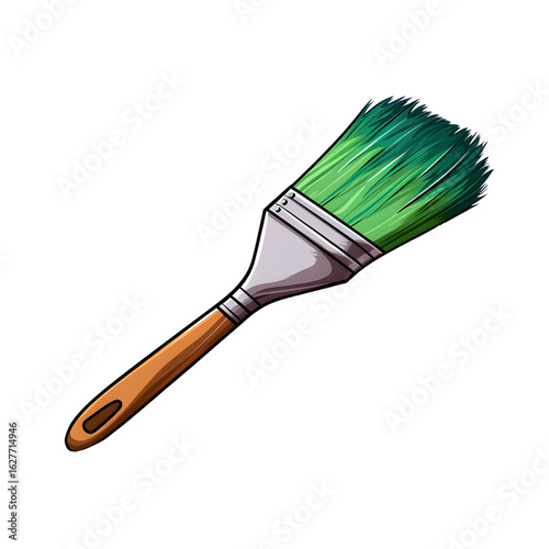 A green paint brush with a wooden handle on black background