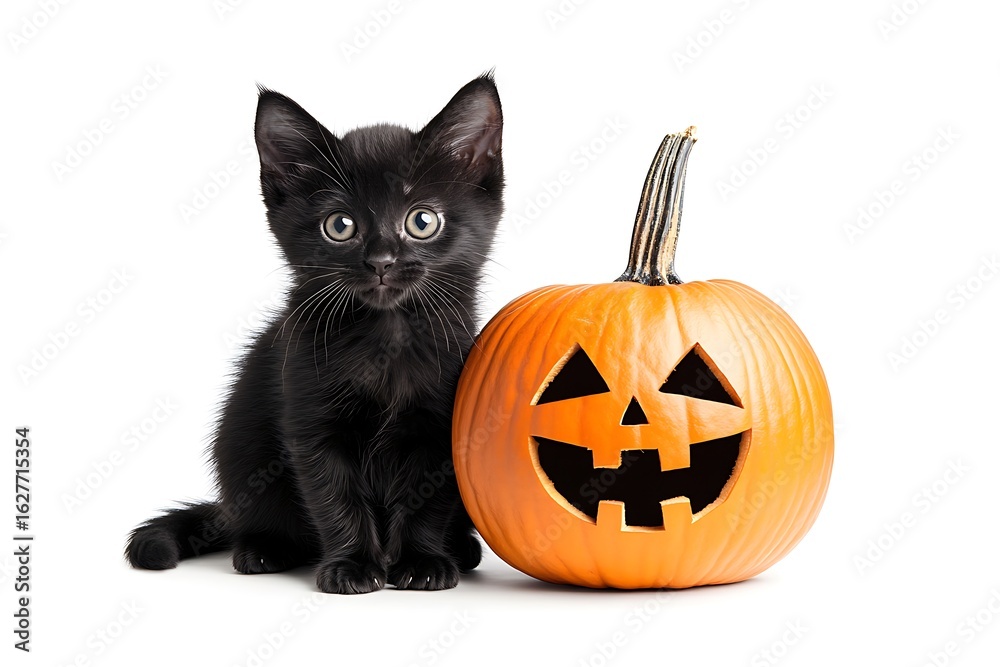 Playful black kitten with jack-o'-lantern pumpkin autumn setting pet photography whimsical vibe Playful black kitten with jack-o'-lantern pumpkin autumn setting pet photography whimsical vibe