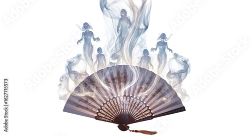 Enchanted fan releasing spirit smoke, isolated on white background