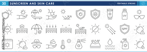 A set of line icons related to Sunscreen and Skin Care. Skin, care, SPF, sunburn, sunglasses, cream, temperature, moisture, and so on. Vector editable stroke.