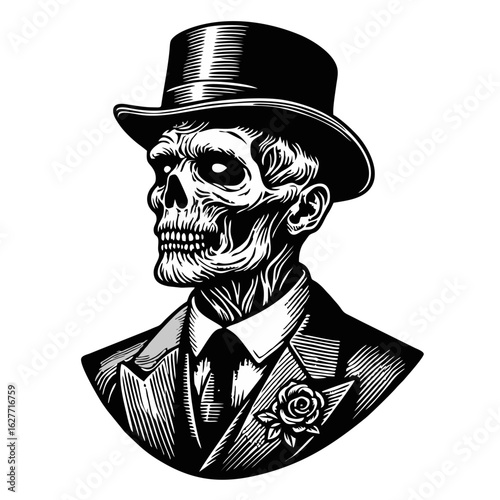 Illustration of a skeleton wearing a suit, tie, rose boutonniere, and top hat, rendered in a detailed black and white engraving style.