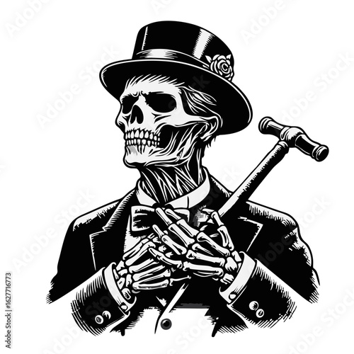 A skeleton dressed in a suit and top hat, holding a cane, depicted in a black and white illustration.