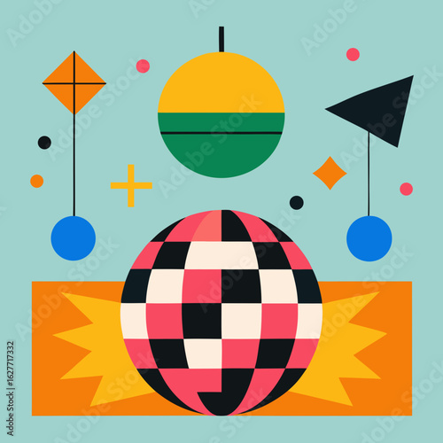 Retro geometric disco ball and party elements