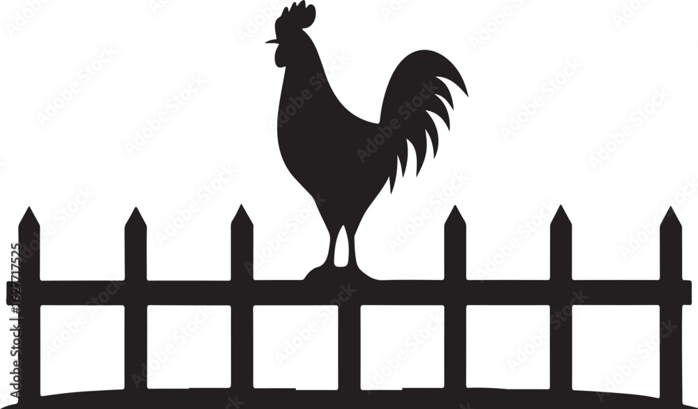Fototapeta premium Rooster Silhouette Perched On A Fence With White Background chicken fowl
