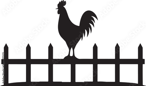 Rooster Silhouette Perched On A Fence With White Background chicken fowl