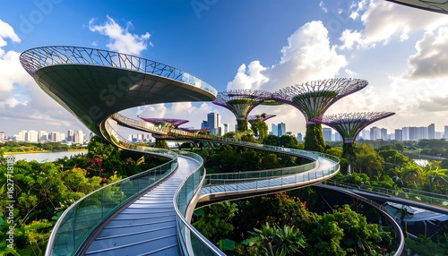 Elevated Walkway Through Gardens with Unique Tree Structures and City Skyline