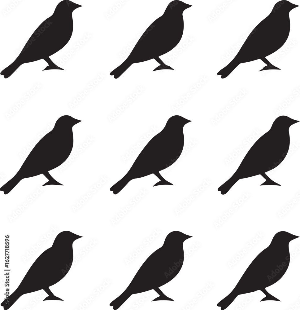 Fototapeta premium Nine Black Bird Silhouettes Arranged In A Grid On White birds pattern