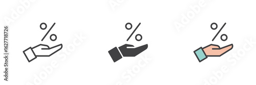 Hand with percent icon set in line, solid and filled outline style