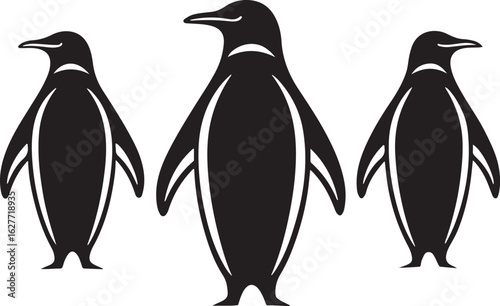Three black silhouettes of penguins standing in a row on a white background birds animal