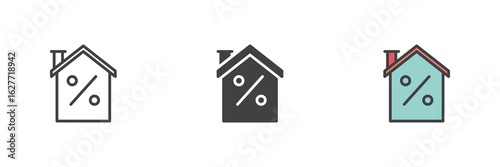 House with percentage icon set in line, solid and filled outline style