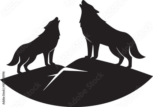 Two wolves howling at the moon on a hill silhouette animals