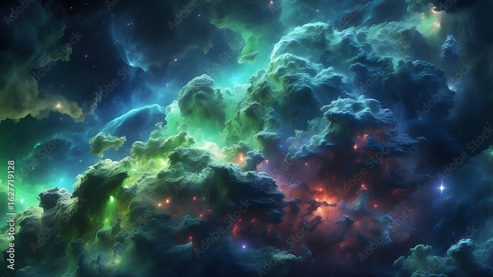 Fototapeta premium A mysterious space cloud with glowing green and blue hues. Cinematic theme, HDR, Vibrant
