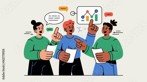 scrum team discussing a progress chart in a daily stand-up vector illustration, agile project management, sprint reporting and team collaboration