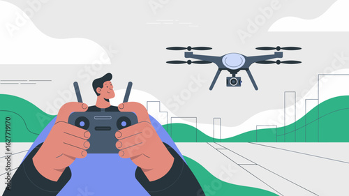 man operating a drone for aerial videography vector illustration 