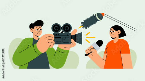 cameraman filming a reporter conducting an interview vector illustration,  documentary filmmaking, news reporting and broadcast journalism