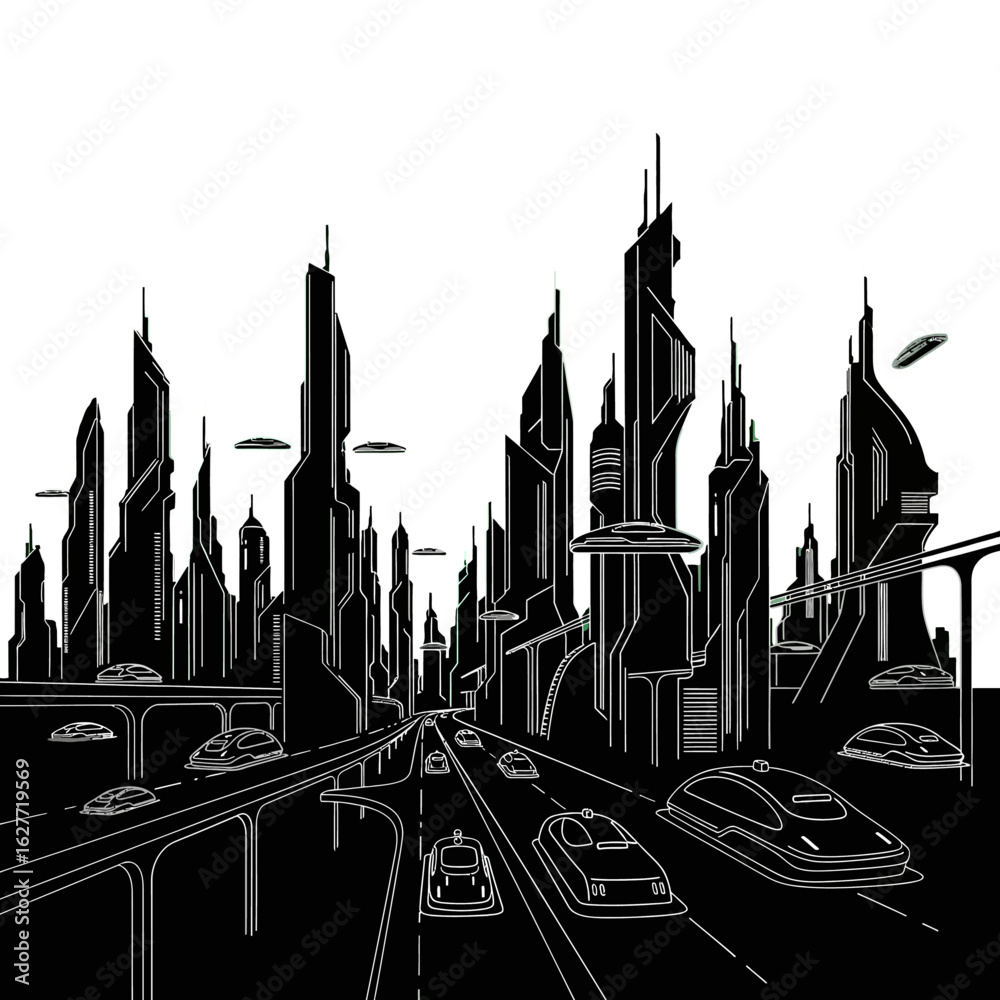 Fototapeta premium Futuristic cityscape skyline, sleek vehicles on elevated highways, flying vehicles overhead.
