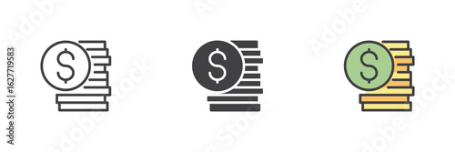 Money stack icon set in line, solid and filled outline style
