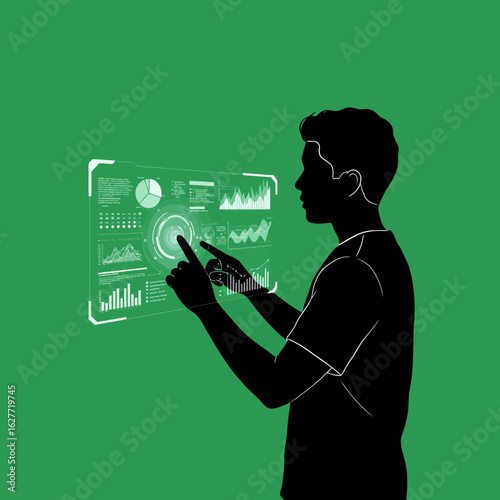 Young man interacts with a holographic data display, analyzing charts and graphs.