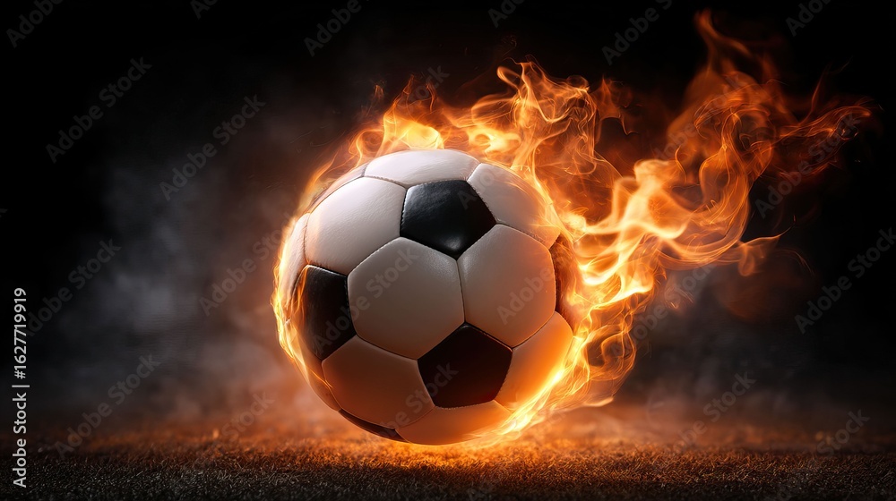 Fototapeta premium A soccer ball engulfed in flames, a dynamic representation of sports and competition