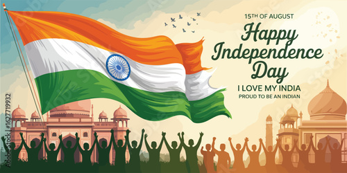 15 august india independence day artwork with raised fist holding flag, ashoka chakra, taj mahal silhouette and patriotic pride tribute