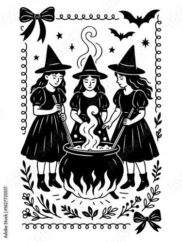 three witches stirring bubbling cauldron inside coquette halloween floral frame with stars bats and bows, smiling and gazing while cooking magic potion, vector illustration