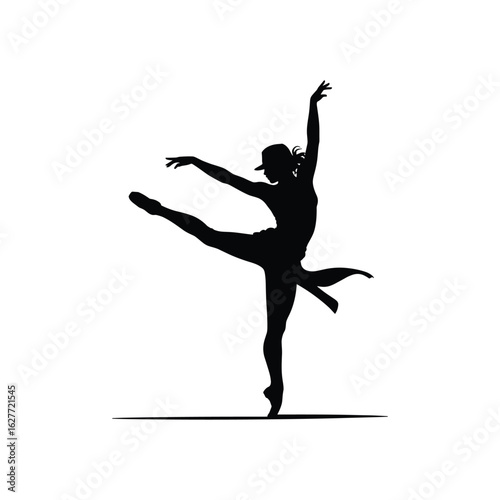 Silhouette of a graceful ballerina performing an arabesque on pointe shoes
