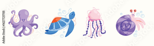Set cartoon sea animals octopus, jellyfish, turtle, snail. Flat vector illustration marine life and underwater world concept