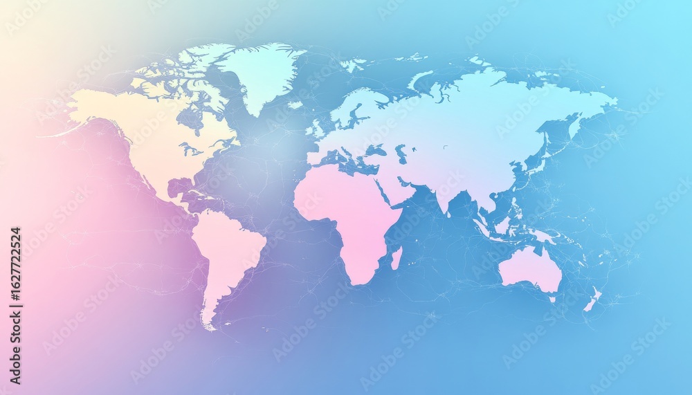 Obraz premium Muted Color Gradient World Map in 3D with Soft Pastel Shades and Gentle Diffused Lighting Effects