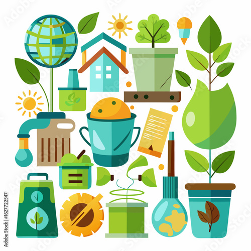 Collection of flat design elements for gardening and environmental protection
